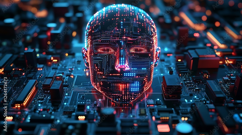 Poster artificial intelligence: a digital head on a circuit board