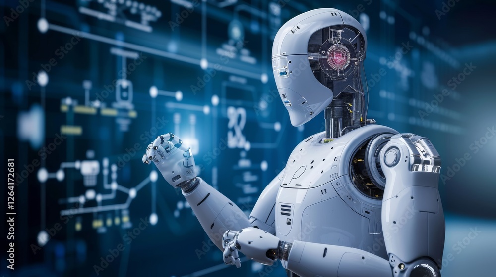 Poster a highly detailed humanoid robot with a transparent skull and glowing red eye, analyzing data on a f