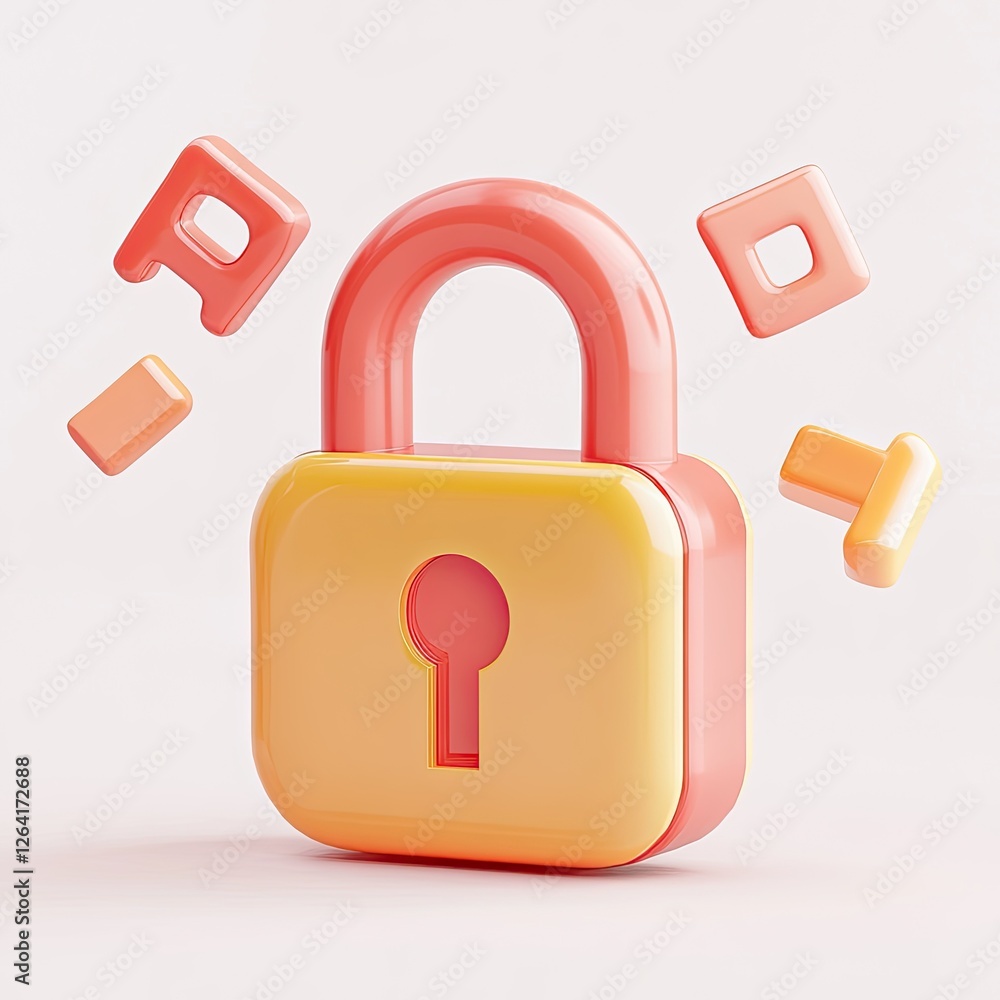 Poster 3d lock icon with falling letters on white background