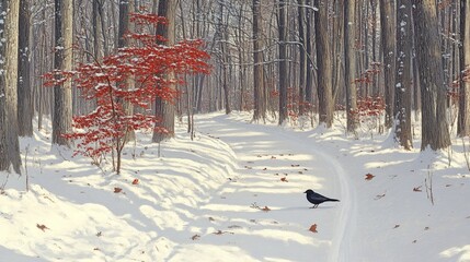 Enigmatic winter landscape with vibrant foliage and raven set against a backdrop of snow-covered trails and stately trees