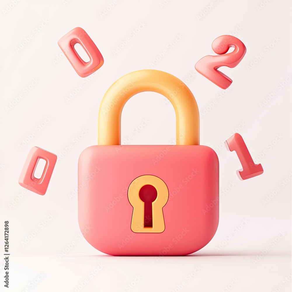Poster pastel pink padlock with floating numbers on white background