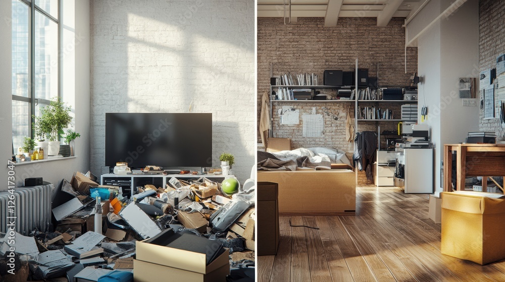 Poster cluttered mess contrasted with organized and clean workspace showcasing the impact of environment on