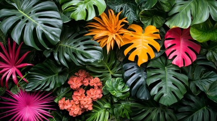 Exotic Foliage Abundance Vibrant Botanical Backdrop Lush Tropical Leaves and Flowers Decorative Arrangement Jungle Ambiance