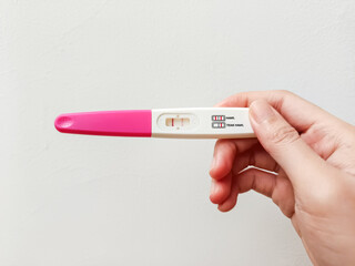 A close-up of a hand holding a pregnancy test with a pink handle against a plain white background. The test features two result windows with labels in Indonesian: 'HAMIL' (pregnant) and 'TIDAK HAMIL' 