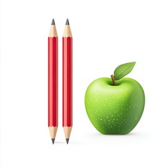 Red pencils and green apple on white background