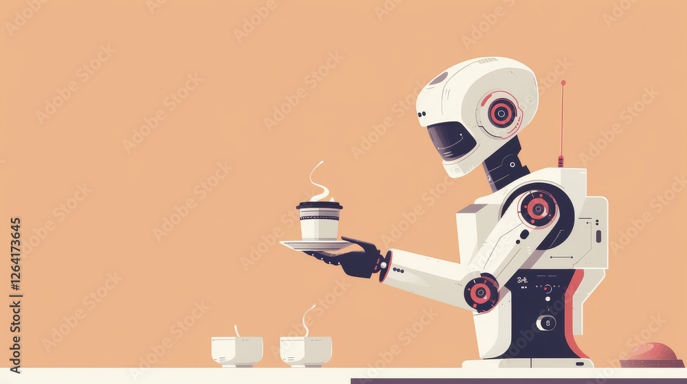 Poster a humanoid robot is depicted serving coffee in a modern, minimalist setting. the scene reflects the 