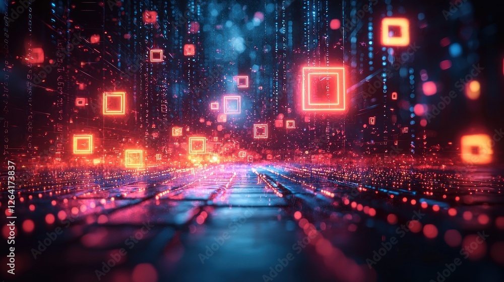 Poster abstract neon cityscape with glowing squares and data streams