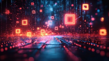 Abstract Neon Cityscape with Glowing Squares and Data Streams