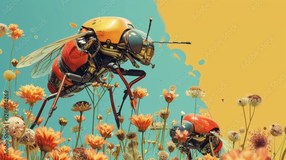 Poster ai-generated artwork featuring mechanical bees with vibrant metallic exoskeletons, exploring a color