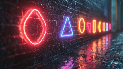 Neon Shapes Illuminate Brick Wall At Night