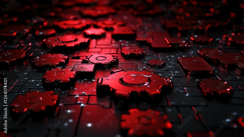 Poster abstract red gears and circuits