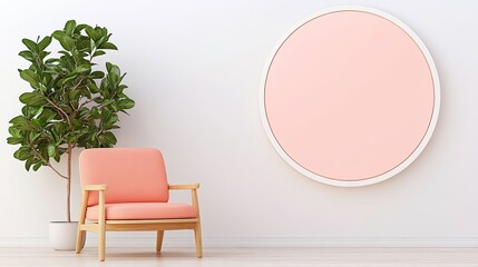 Cozy interior featuring a pink chair and a round wall art piece against a light background