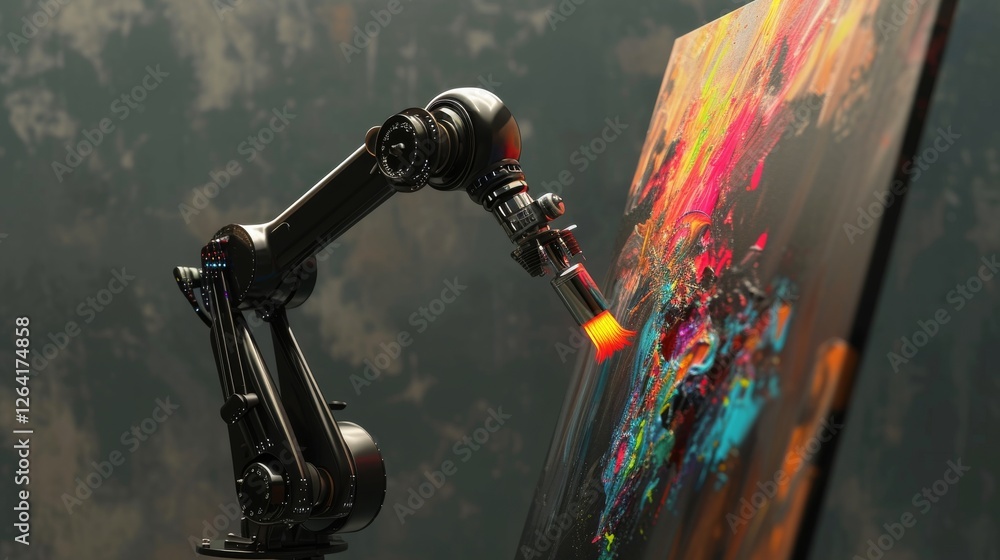 Poster a sleek robotic arm paints an abstract canvas with neon and vibrant colors, blending mechanical prec
