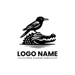 Bird Perched on Crocodile’s Head Unique Vector Logo Illustration Wildlife Symbiosis Design