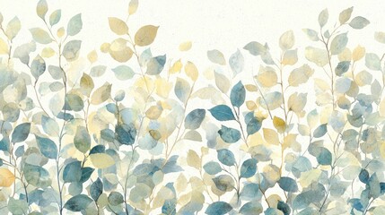 Serene watercolor illustration of leafy branches in soft pastel colors with a tranquil background