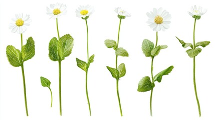Fresh white daisies with green leaves arranged vertically on a clean white background