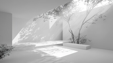 Minimalist indoor space featuring soft light filtering through trees, creating serene ambiance