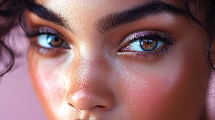Fototapeta premium Closeup of a womans eye and face showing freckles and makeup