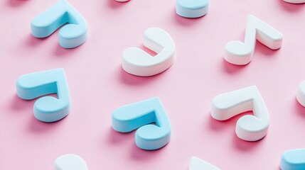 Naklejka premium Colorful musical symbols arranged on a pink background, creating a playful and artistic vibe