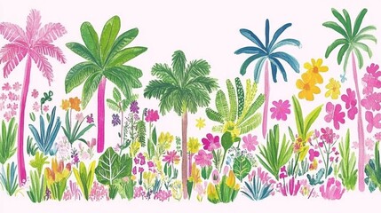 Fototapeta premium Botanical Tropical Watercolor Vibrant Scene with Palm Trees Flowers and Plants for Summer Wallpaper Fabric Prints and Backgrounds