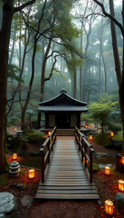 Fototapeta premium An enchanting Japanese forest retreat with a small wooden footbridge leading to a peaceful open-air tea pavilion, surrounded by softly glowing lanterns and the gentle sounds of nature