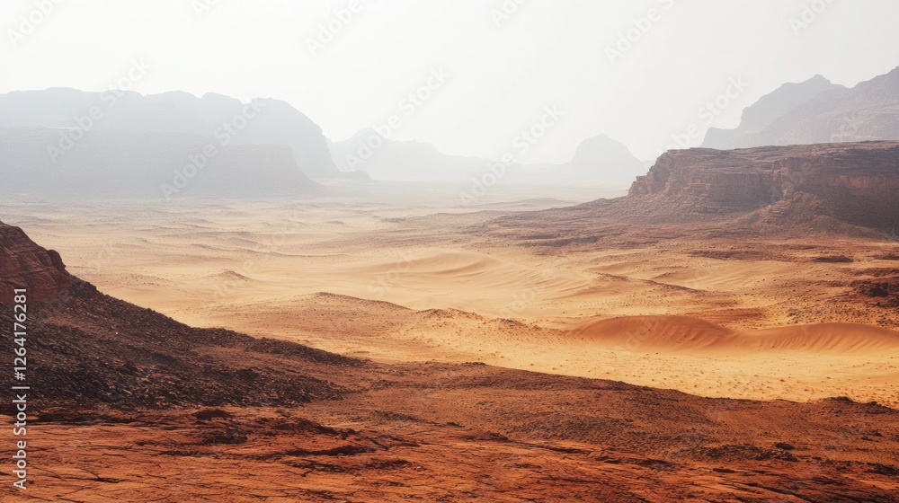Poster vast desert landscape features golden sands and rocky formations under hazy sky during midday. gener