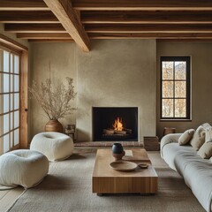 A warm and inviting living room with a rustic aesthetic