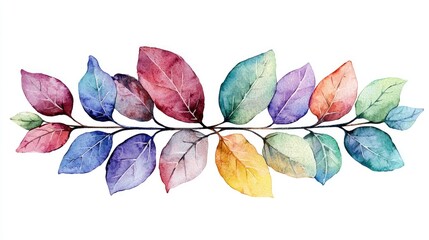 Colorful watercolor leaves arranged artistically on a white background, suitable for decor