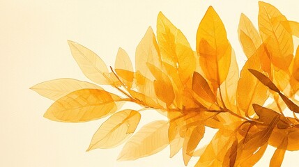 Translucent golden leaves gracefully arranged against a soft, light background, evoking warmth and serenity