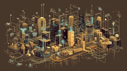 A visually striking AI-generated futuristic cityscape featuring digital connections, smart buildings, and interconnected infrastructure. A concept of modern urban technology and innovation. AI
