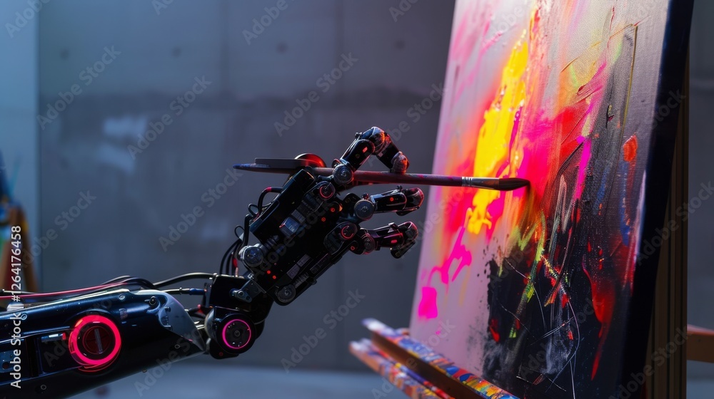 Poster a high-tech robotic arm creates an abstract painting with vivid neon colors on a canvas, blending te