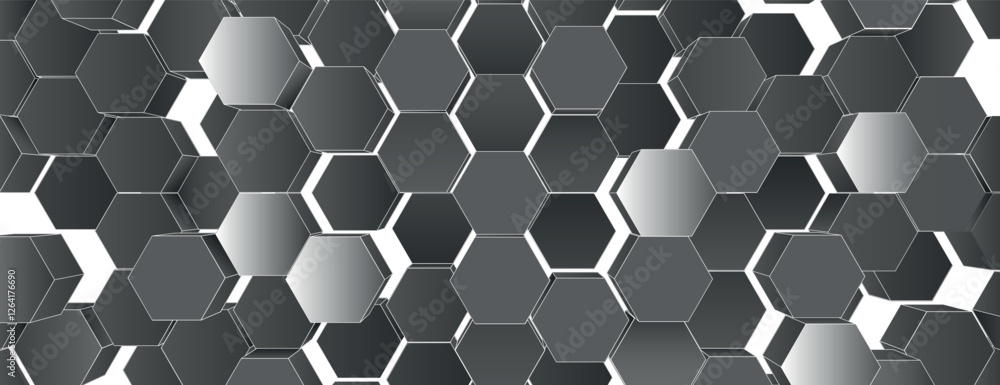 Poster a geometric background with a hexagonal pattern. the background is metallic gray, featuring a sleek,