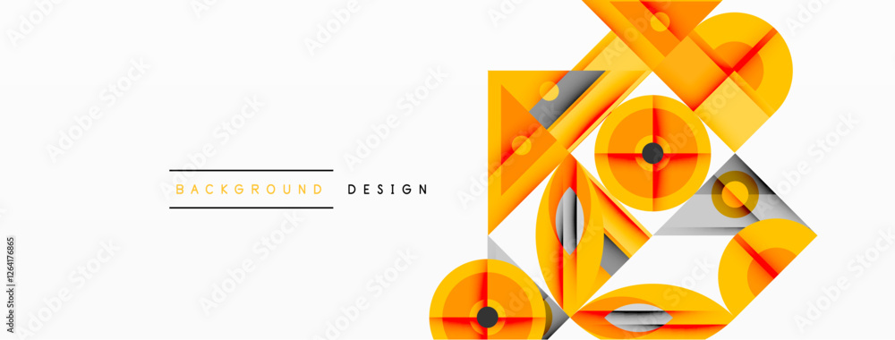 Poster Geometric abstract composition with intersecting shapes, circles, triangles, and gradients, blending vibrant colors and dynamic contrasts to create a modern, futuristic visual design