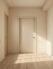 Sunlit Minimalist Interior, Cream Walls, Wooden Floor and Closed Door
