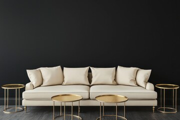 Trendy dark room with beige sofa, golden tables, ready for art.
