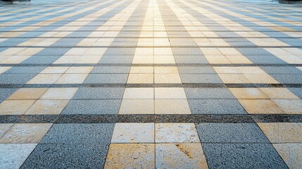 Sunlit pavement with geometric patterns, showcasing textures and colors in a serene urban setting