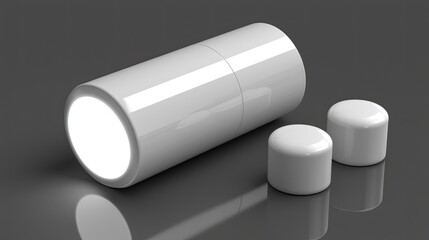 Sleek white cylindrical container with two matching caps on a reflective surface