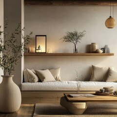Minimalist living room showcasing a recessed bench with natural light