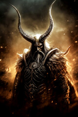 A man with horns and a beard is standing in front of a fire. He is wearing a black robe and he is a demon