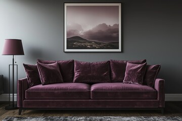 Deep purple mauve sofa in dark-themed living room, gray wall.