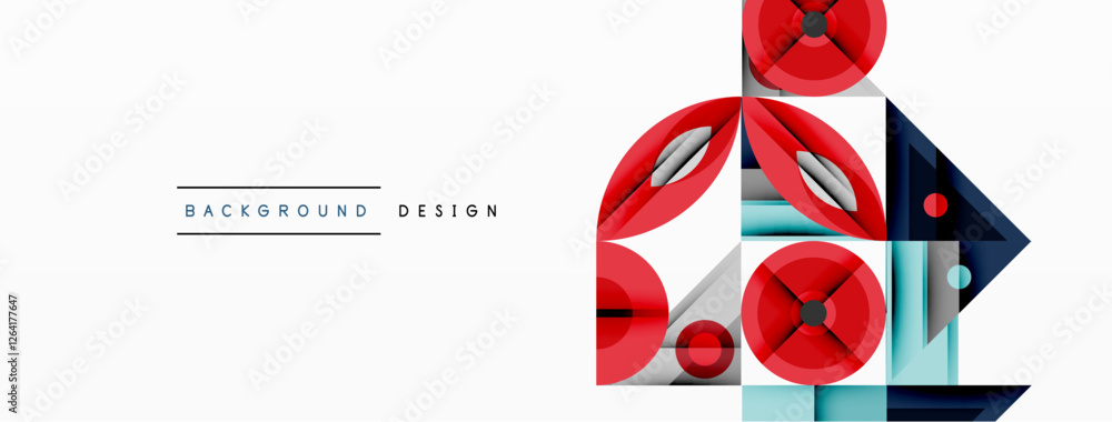 Poster Geometric abstract composition with intersecting shapes, circles, triangles, and gradients, blending vibrant colors and dynamic contrasts to create a modern, futuristic visual design