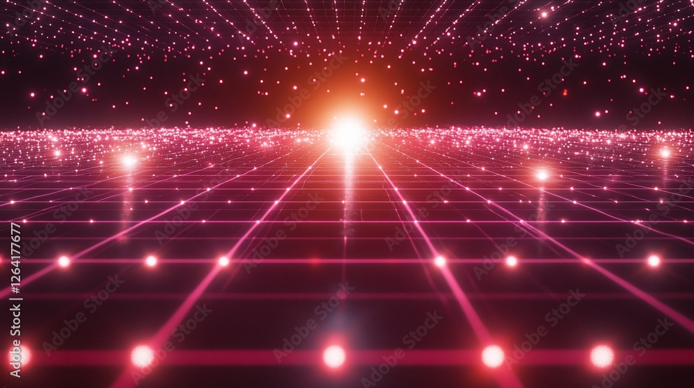 Poster a futuristic and technological abstract with pink grid lines and glowing dots and bright light