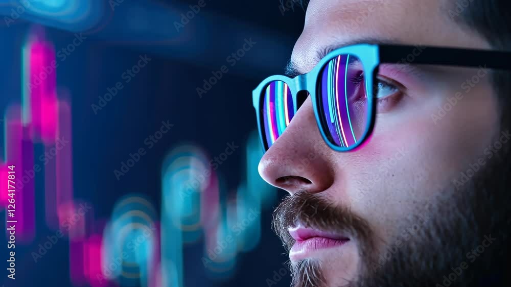 Poster analyst examining financial data on digital charts with focused expression and neon reflections in g