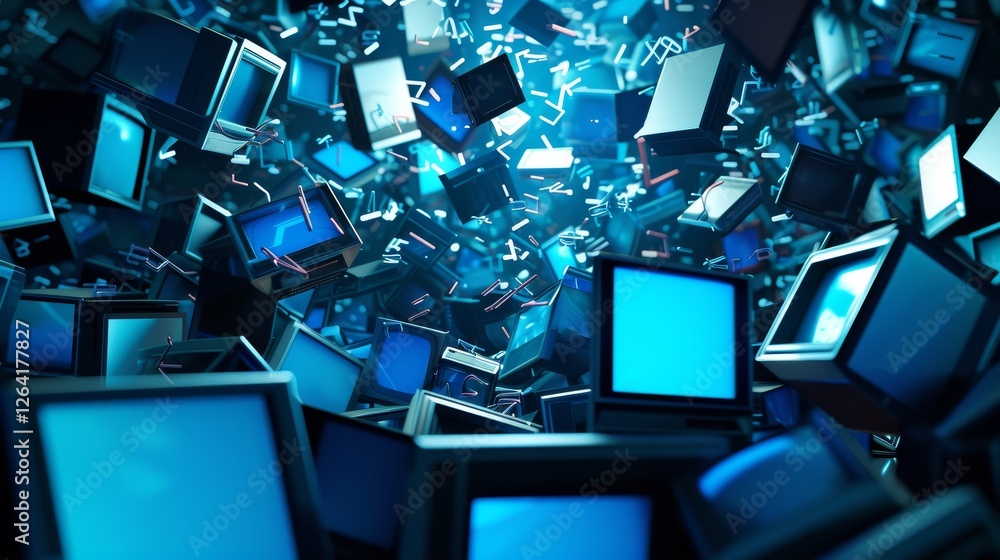 Poster a surreal scene of floating digital screens in a cyberpunk-inspired environment, glowing with blue l