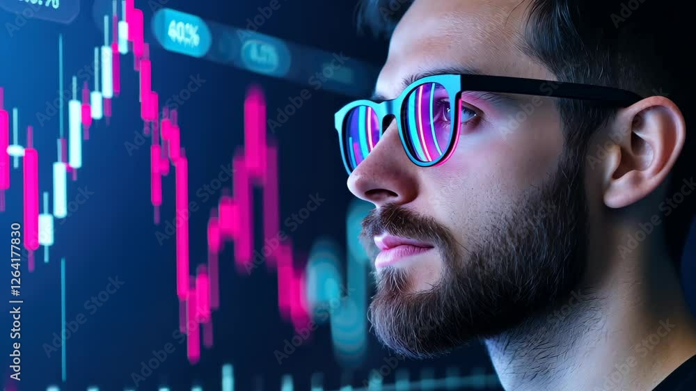 Poster analyst examining financial data on digital charts with focused expression and neon reflections in g