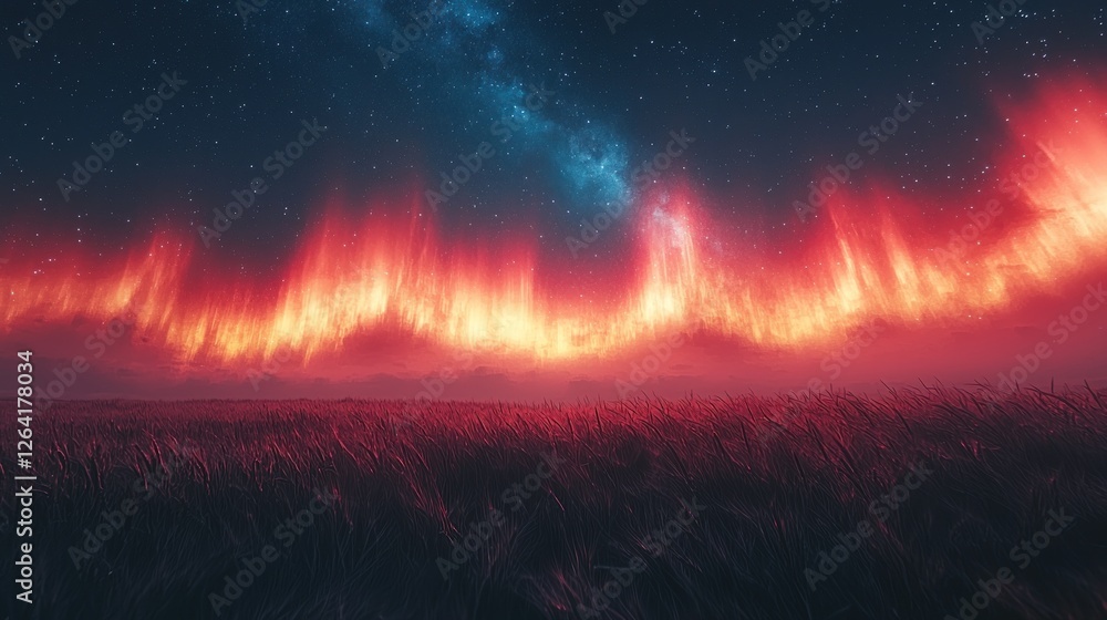 Poster fiery celestial display over a grassy field