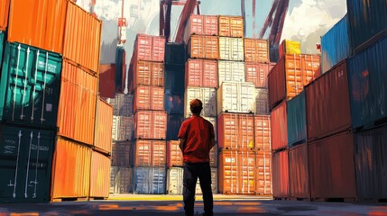 Back view of a logistics coordinator ensuring stock container in a brightly port.