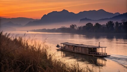 Obraz premium Majestic Mountain Barge Sails Sunset River: Breathtaking Landscape Photography