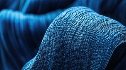 Close-up view of textured blue fabric showcasing intricate patterns and folds, ideal for design
