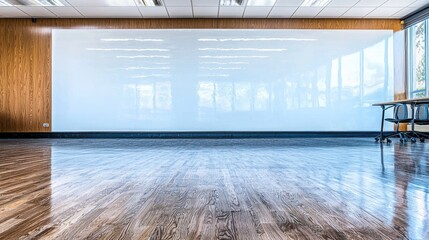 Bright, spacious meeting room with polished wooden floor and large whiteboard for collaboration